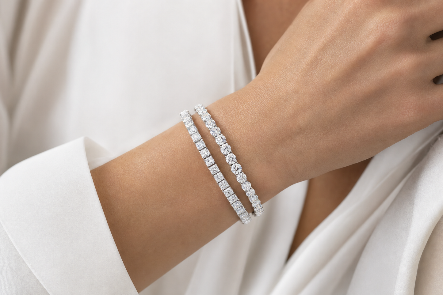 Radiant & Round Riviera sterling silver tennis bracelet stack - life