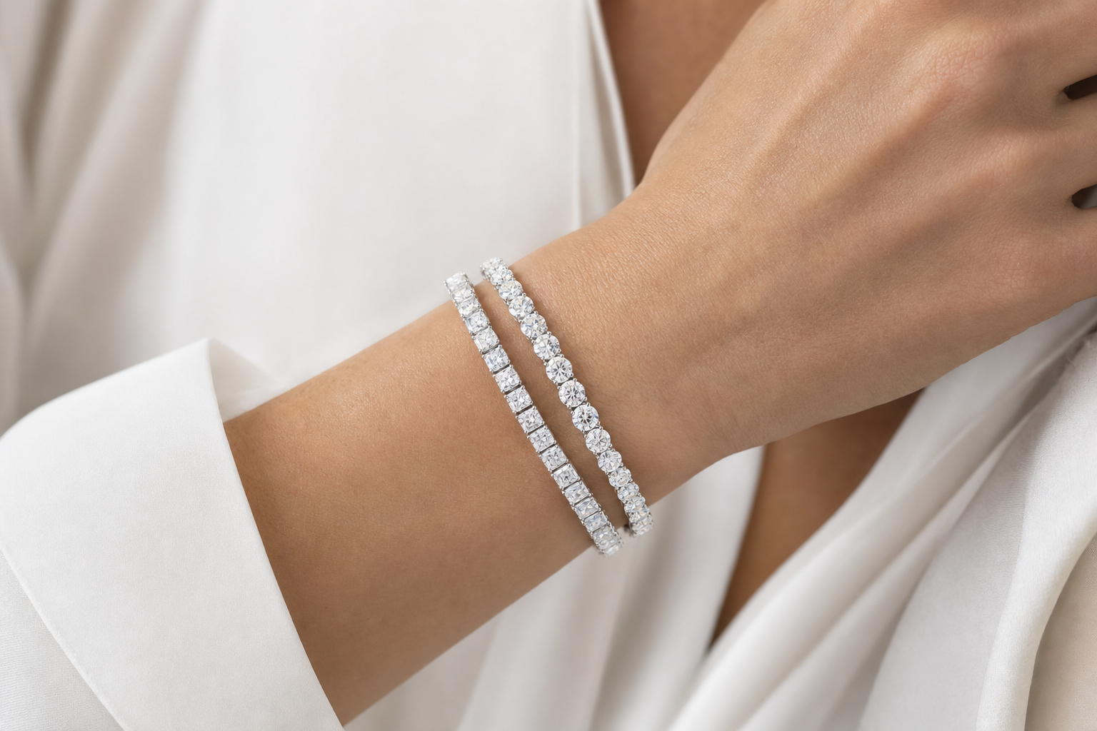 Radiant & Round Riviera sterling silver tennis bracelet stack - life