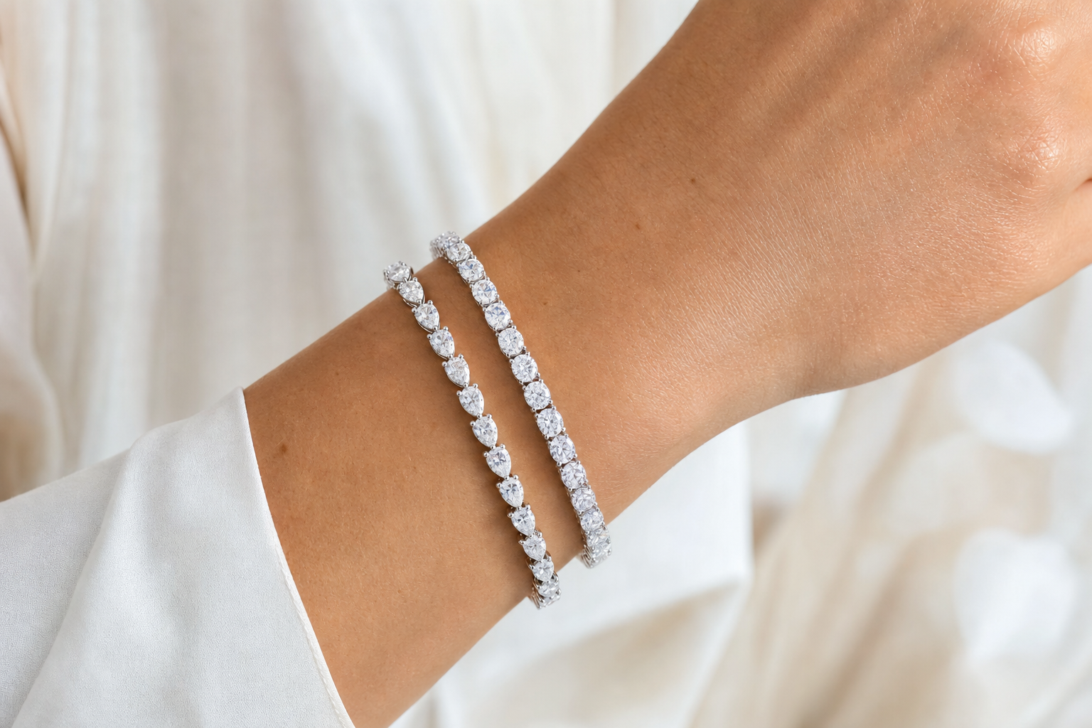 Oval & Pear sterling silver tennis bracelet stack - life