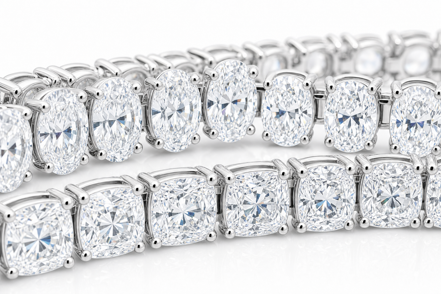 Oval & Elongated Cushion sterling silver tennis bracelet stack - detail