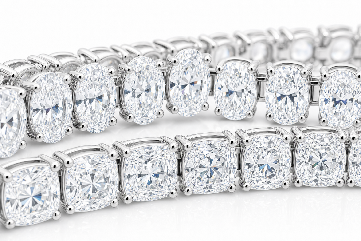 Oval & Elongated Cushion sterling silver tennis bracelet stack - detail