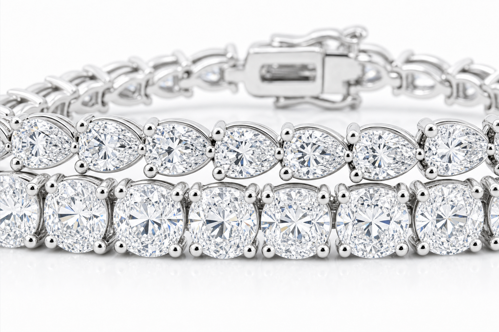 Pear & Oval sterling silver tennis bracelet stack - detail