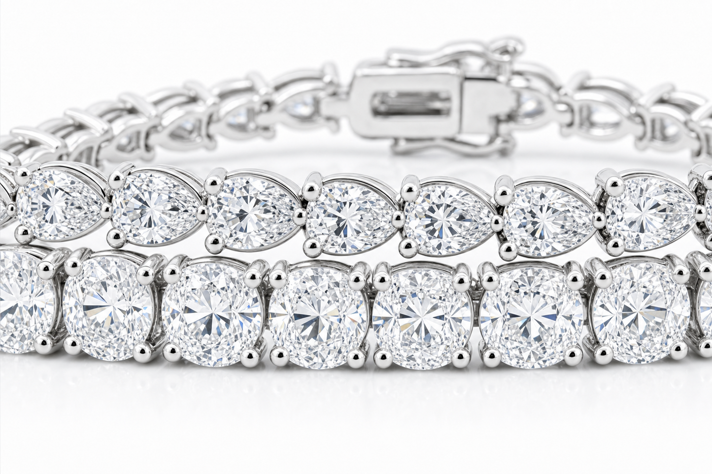 Pear & Oval sterling silver tennis bracelet stack - detail