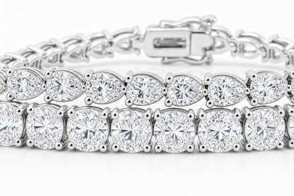 Pear & Oval sterling silver tennis bracelet stack - detail