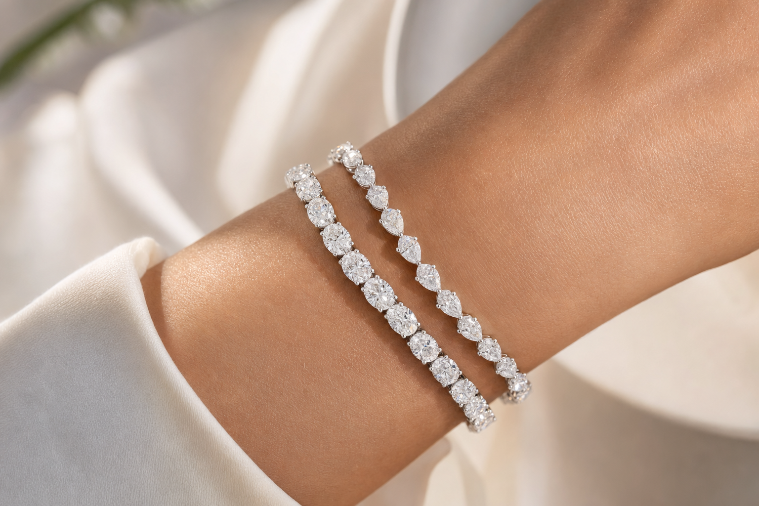 Pear & Oval sterling silver tennis bracelet stack - life