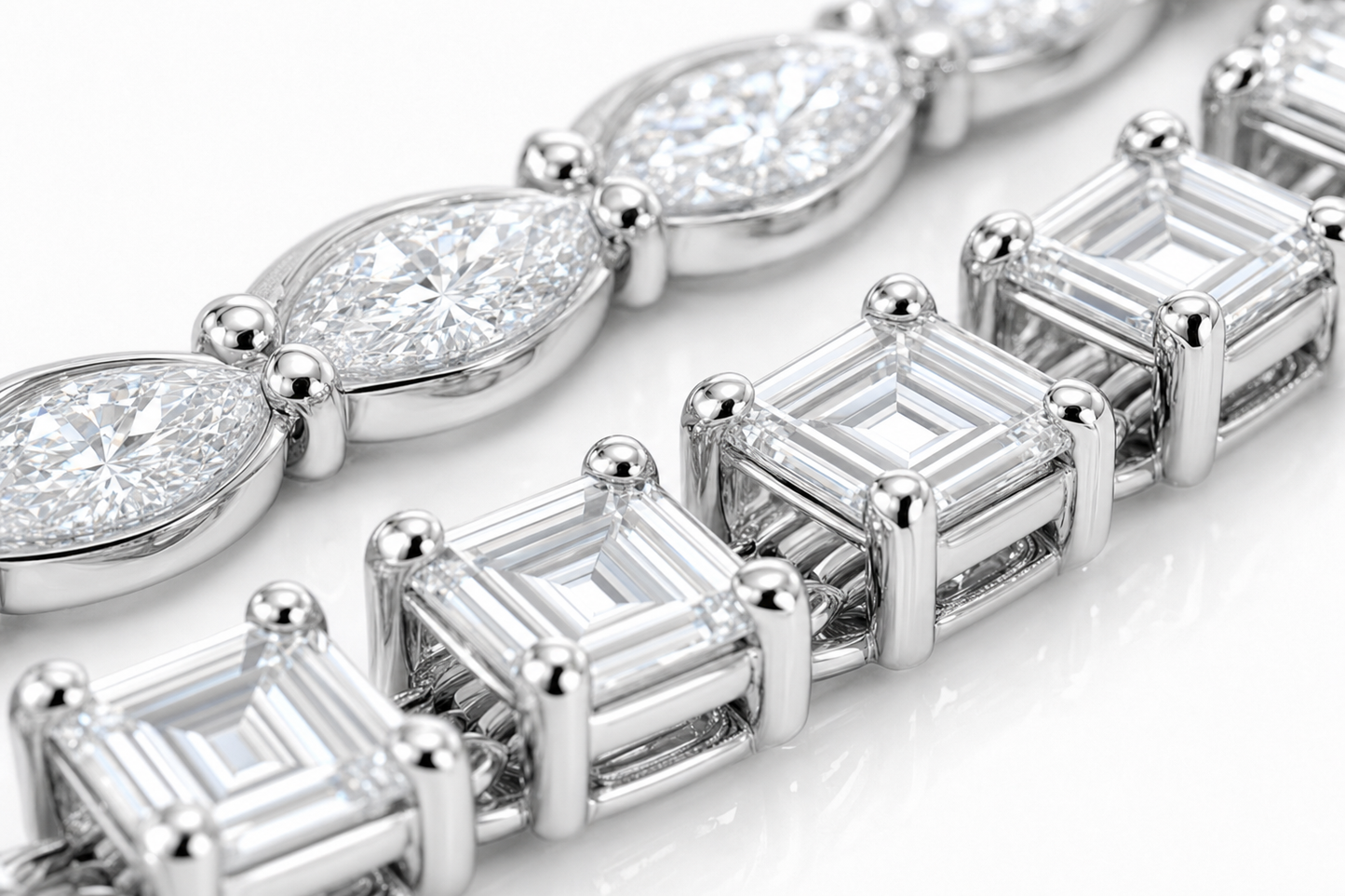 Marquise & Emerald Cut sterling silver tennis bracelet stack - detail