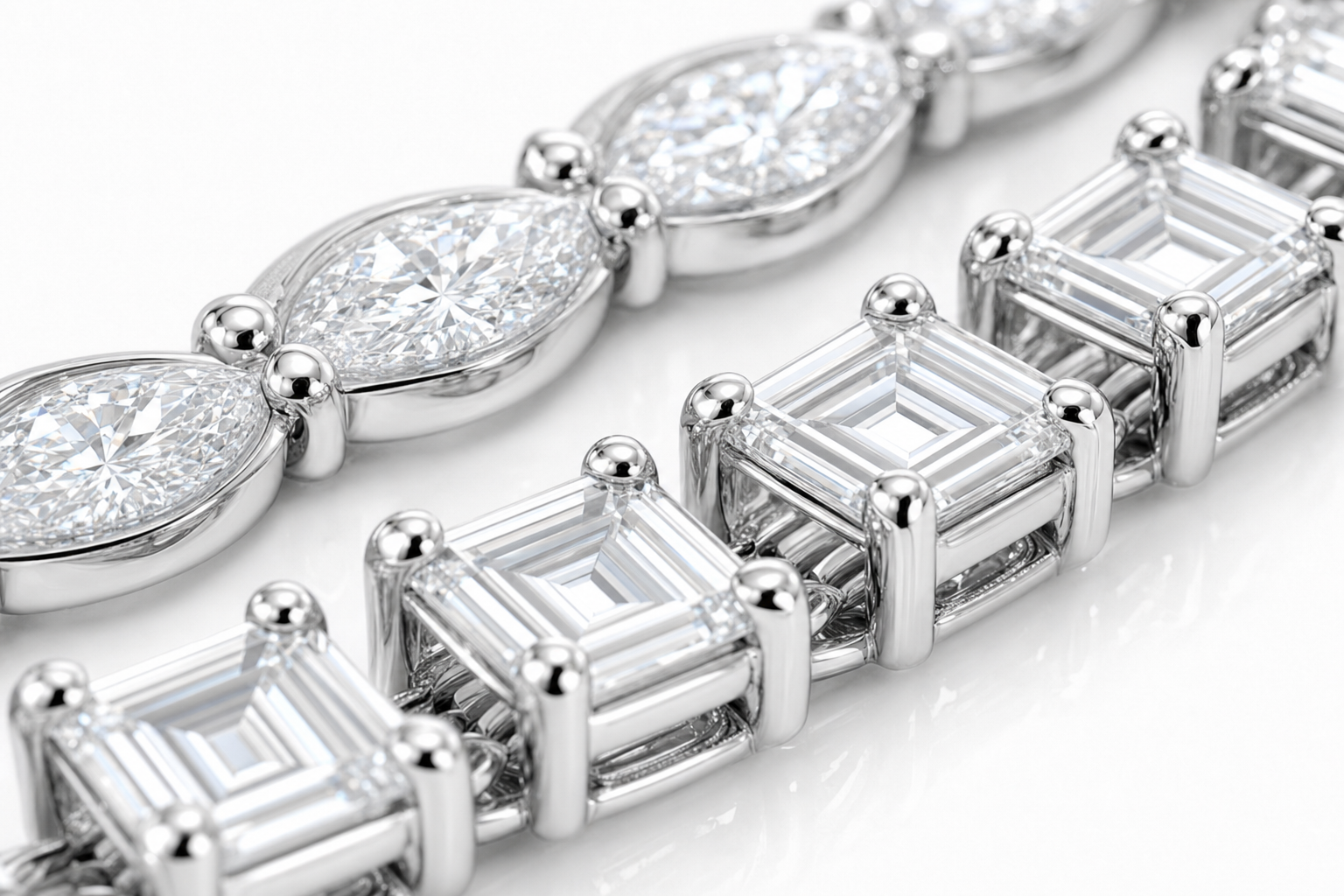 Marquise & Emerald Cut sterling silver tennis bracelet stack - detail