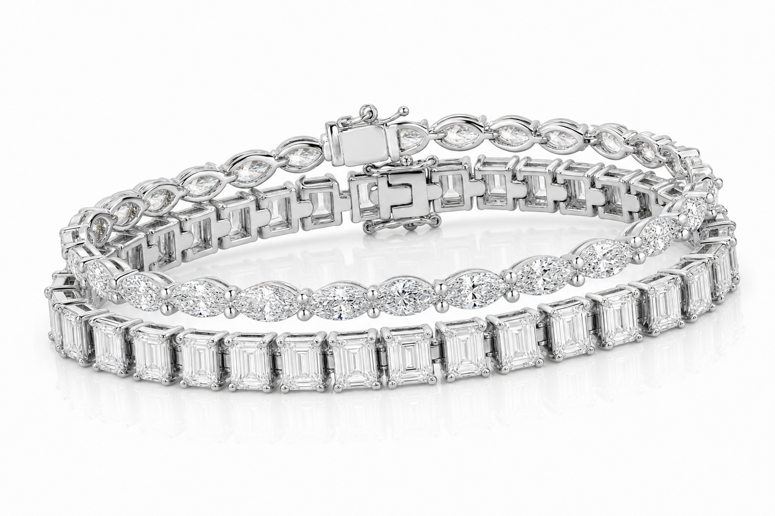 Marquise & Emerald Cut sterling silver tennis bracelet stack - hero