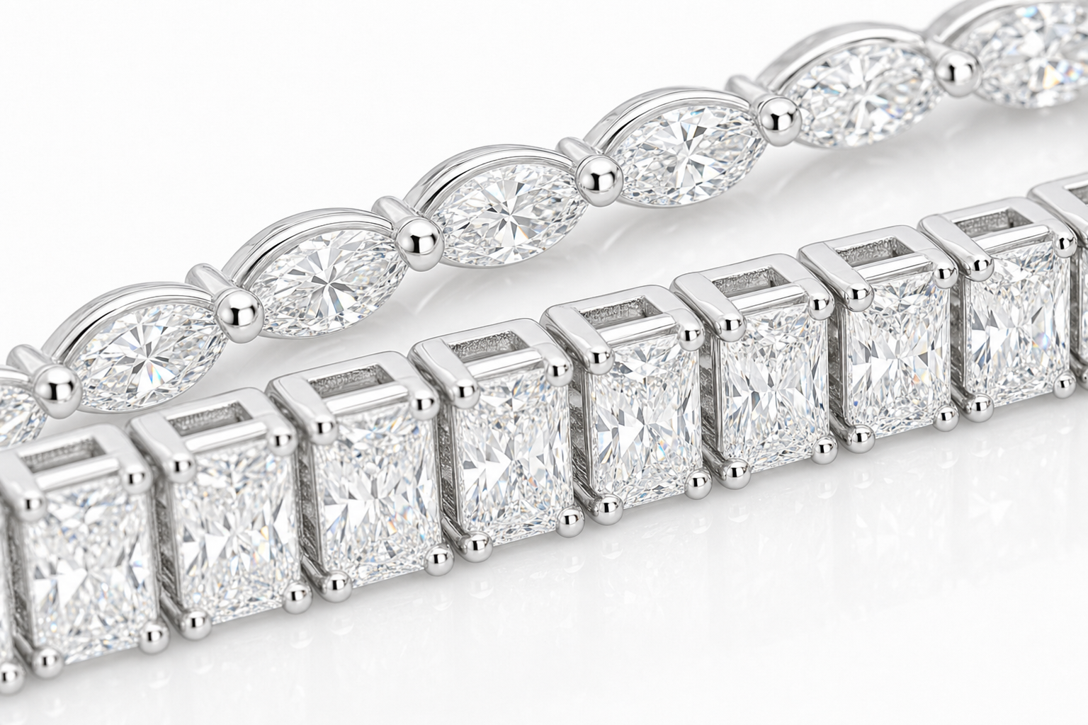 Marquise & Radiant sterling silver tennis bracelet stack - detail