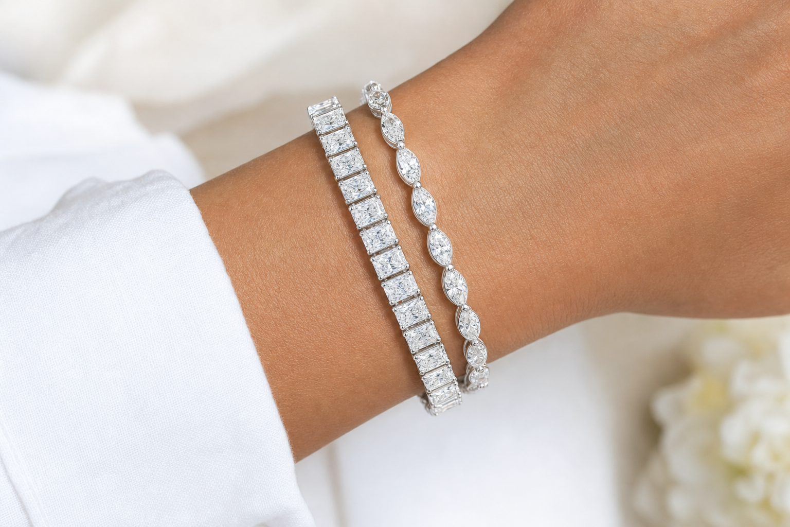 Marquise & Radiant sterling silver tennis bracelet stack - life