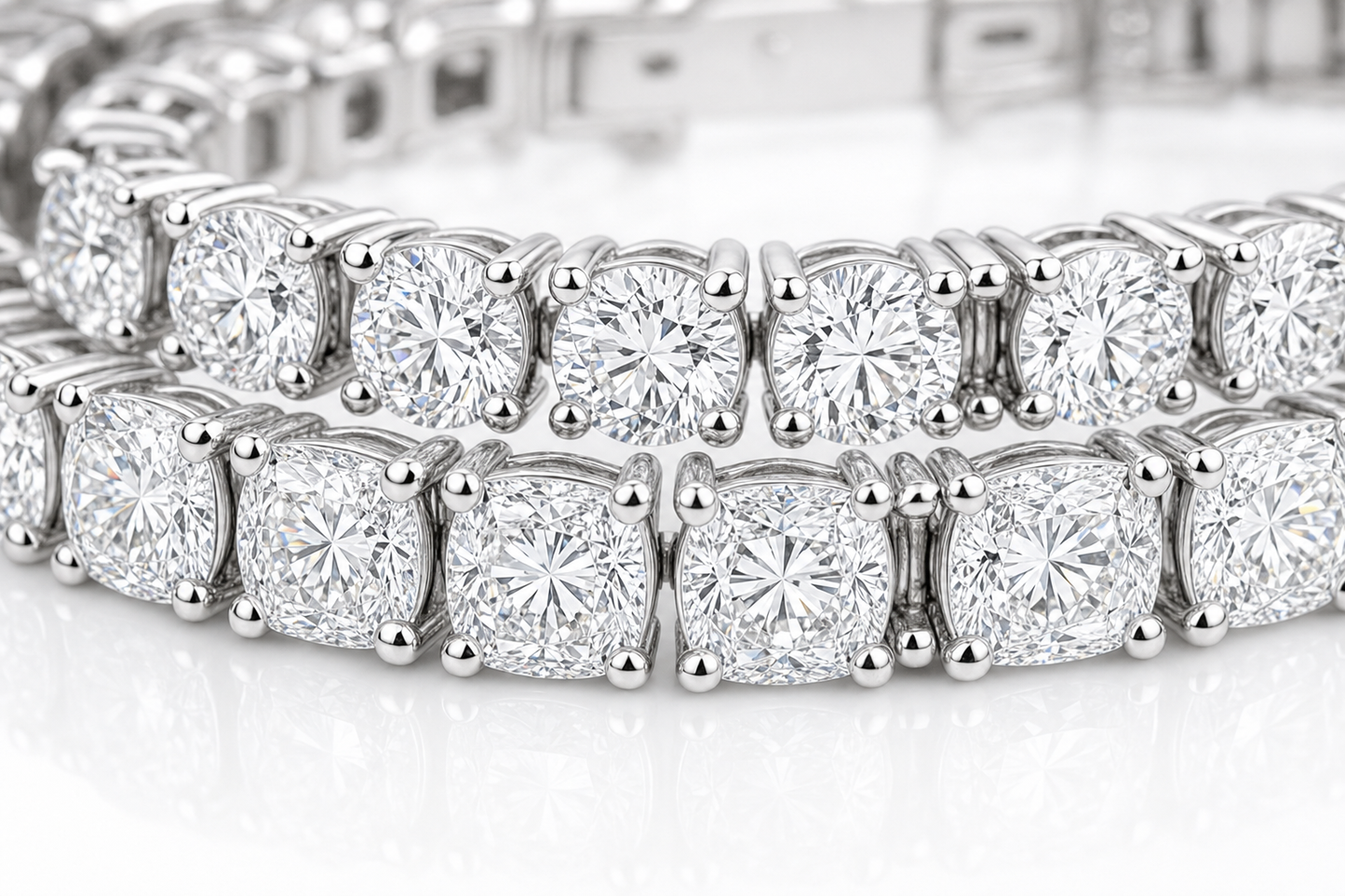 Elongated Cushion & Round sterling silver tennis bracelet stack - detail