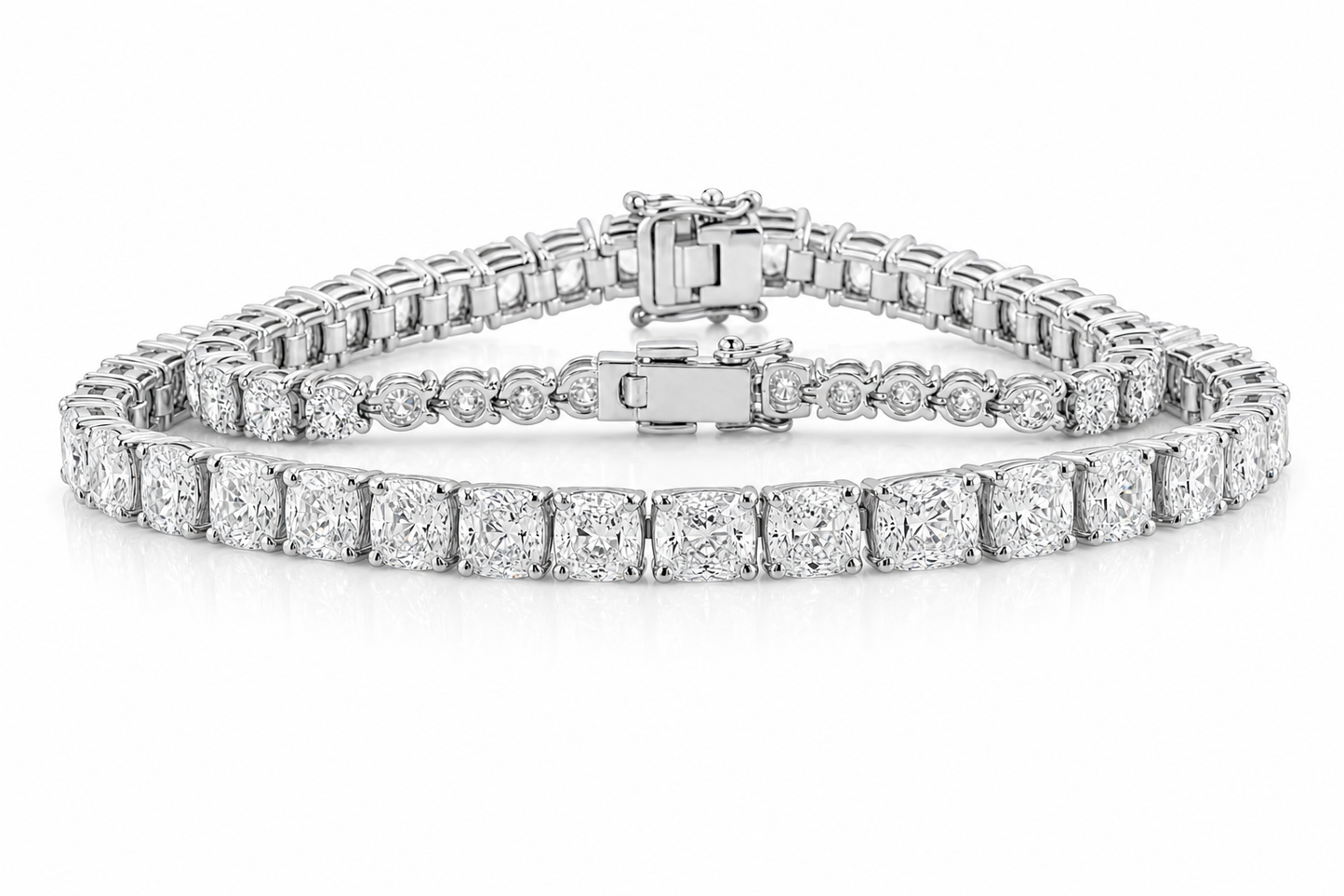 Elongated Cushion & Round sterling silver tennis bracelet stack - hero