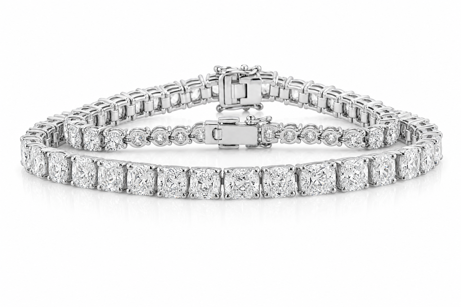Elongated Cushion & Round sterling silver tennis bracelet stack - hero