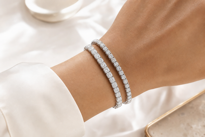 Elongated Cushion & Round sterling silver tennis bracelet stack - life