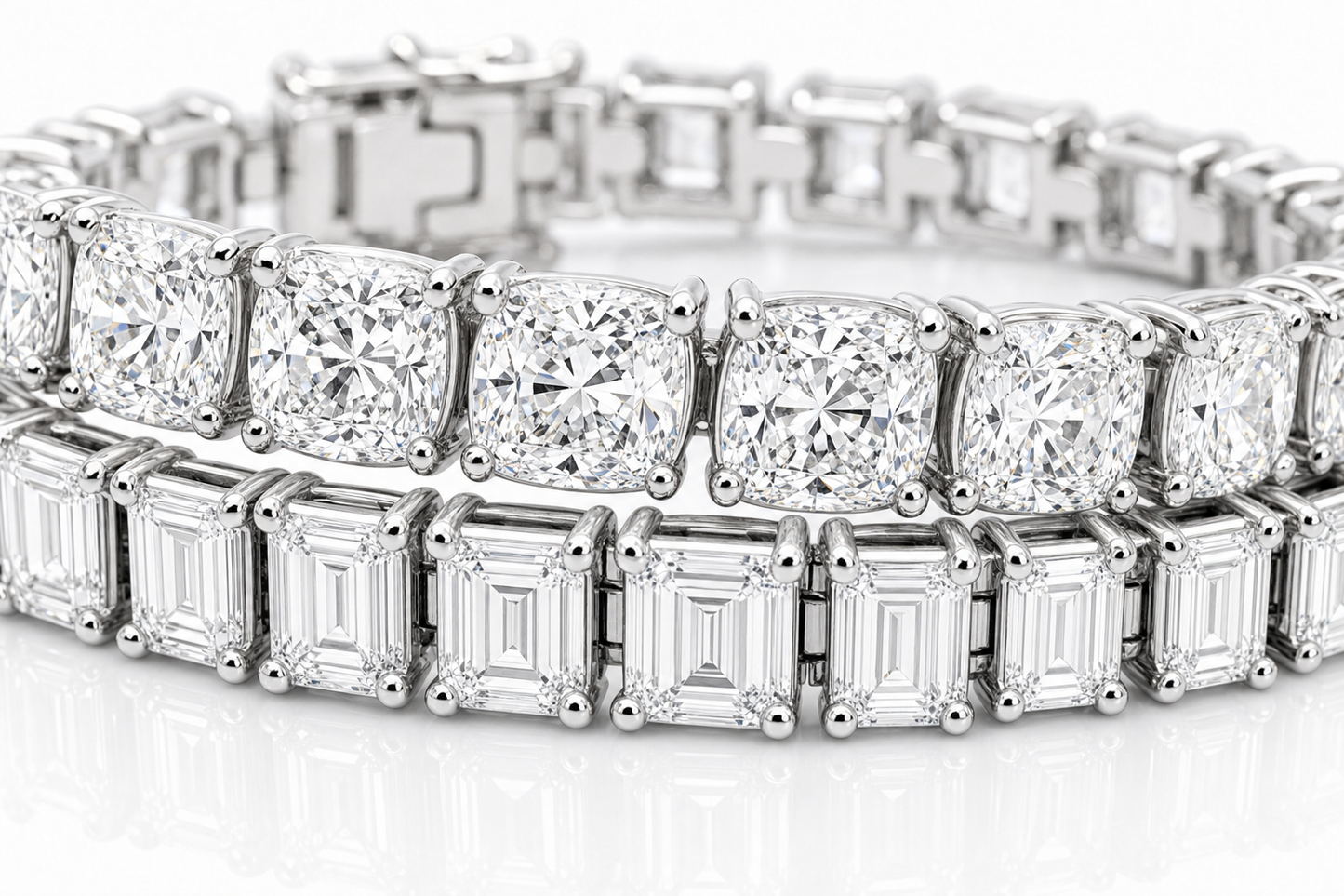 Elongated Cushion & Emerald Cut sterling silver tennis bracelet stack - detail