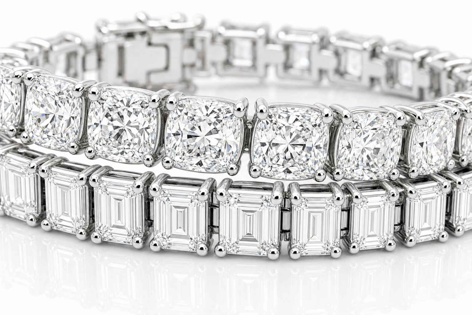 Elongated Cushion & Emerald Cut sterling silver tennis bracelet stack - detail
