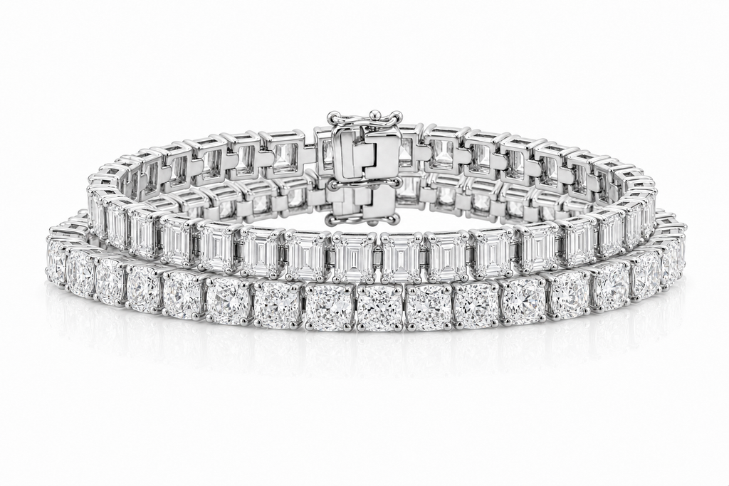 Elongated Cushion & Emerald Cut sterling silver tennis bracelet stack - hero