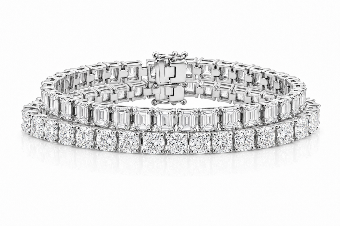 Elongated Cushion & Emerald Cut sterling silver tennis bracelet stack - hero