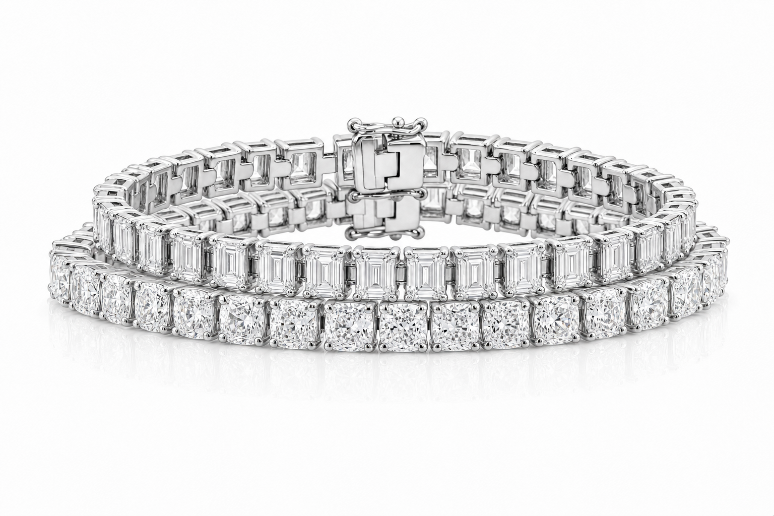 Elongated Cushion & Emerald Cut sterling silver tennis bracelet stack - hero